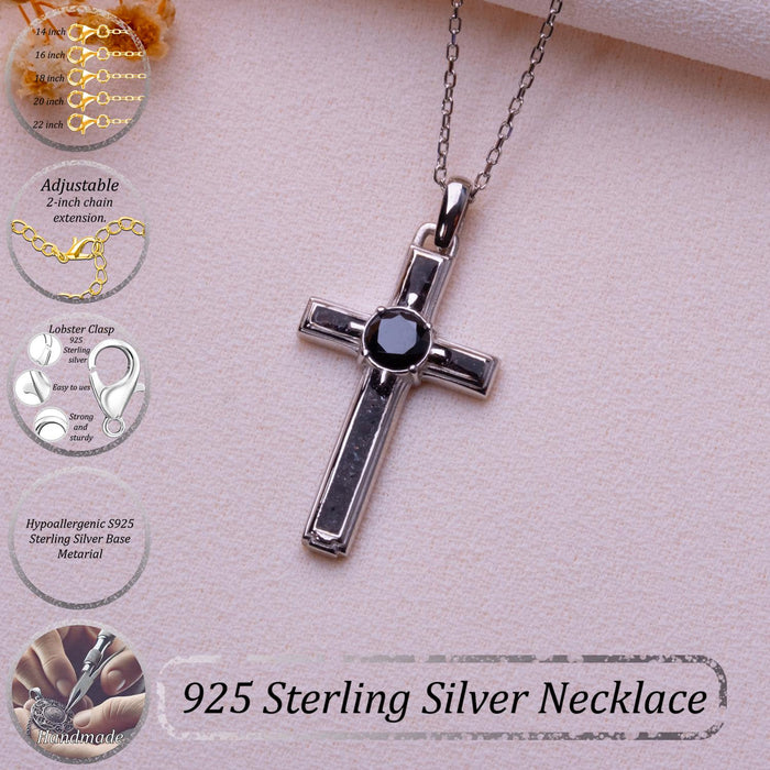 Onyx cross necklace with chain-length, clasp, extender, material, and handmade graphic overlays