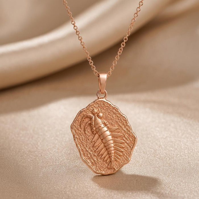 Rose Gold Plated Opabinia fossil pendant necklace close-up showing the textured scalloped pendant