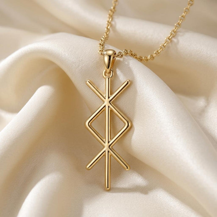 Close-up of the Gold Plated Silver Viking Protection Rune pendant with intersecting diagonal arms on ivory fabric