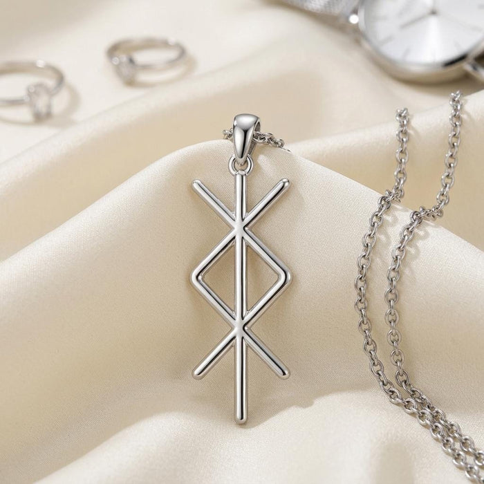 Silver Viking Protection Rune Necklace displayed on ivory fabric with its vertical openwork pendant and chain