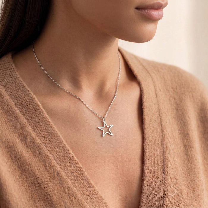 Model neckline view showing a five-point outlined pendant necklace with a tan cardigan