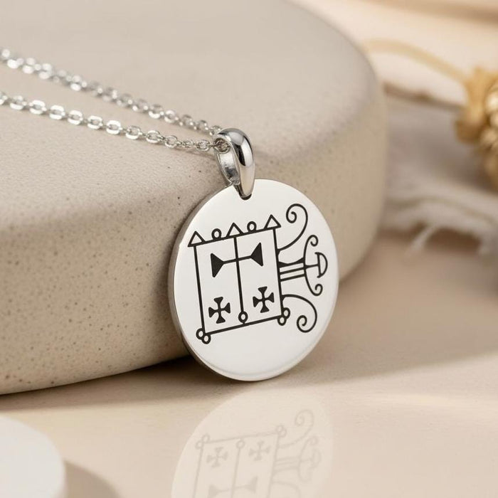 Silver Orobas Sigil Necklace close-up with round pendant and dark sigil linework
