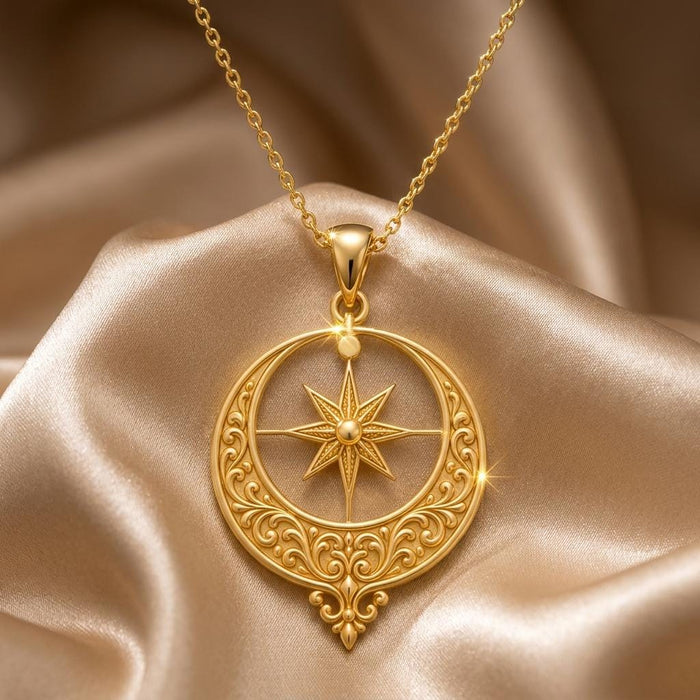 Gold Plated Silver Ottoman Crescent Necklace with an eight-point star on champagne satin