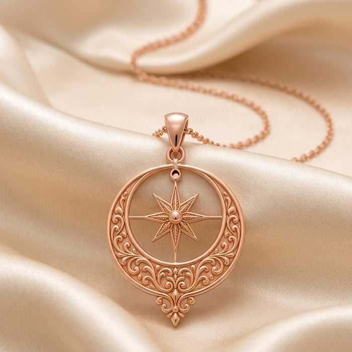 Rose Gold Plated Ottoman Crescent Necklace with ornate lower scrollwork on satin