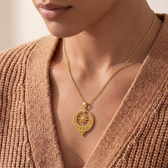 Gold Plated Silver Ottoman Crescent Necklace worn with a knit top