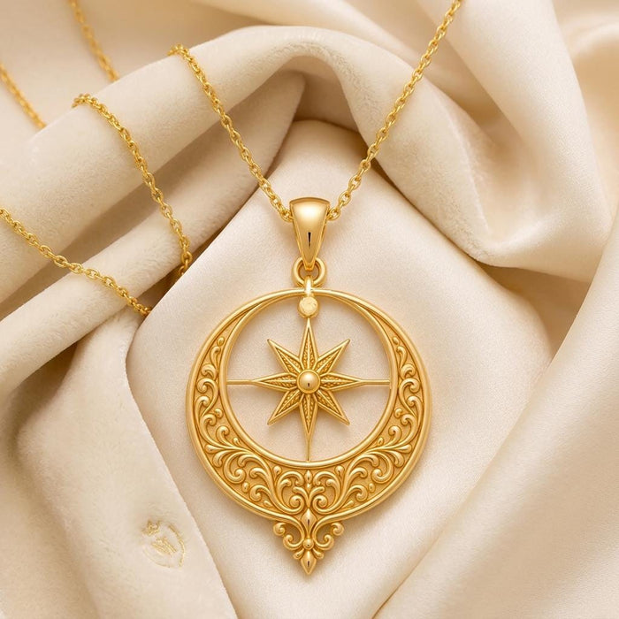 Close view of Gold Plated Silver Ottoman Crescent Necklace with centered eight-point star
