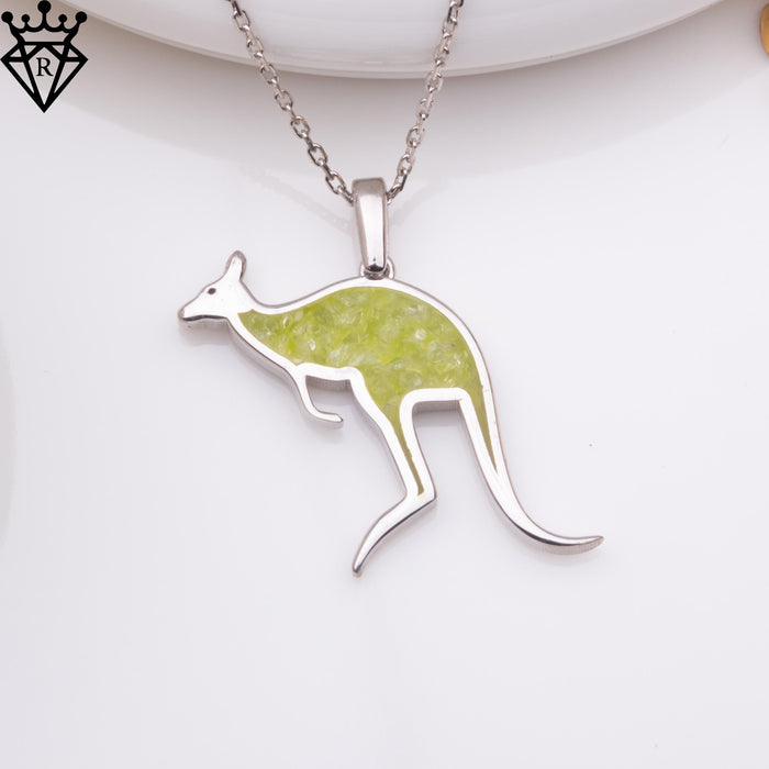 Front product image of a green-inlay leaping kangaroo pendant on a white display surface
