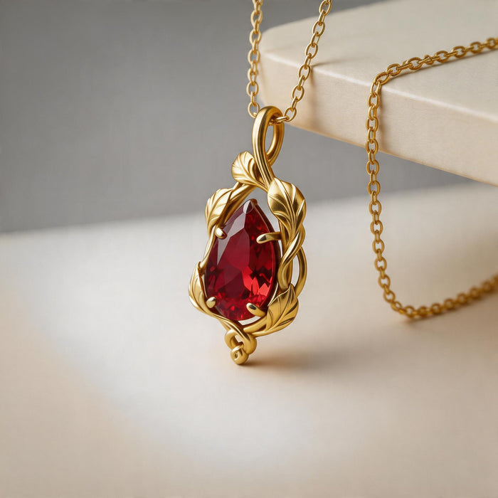 Gold Plated Silver leaf-and-vine pendant with a red pear-shaped stone beside a cream block