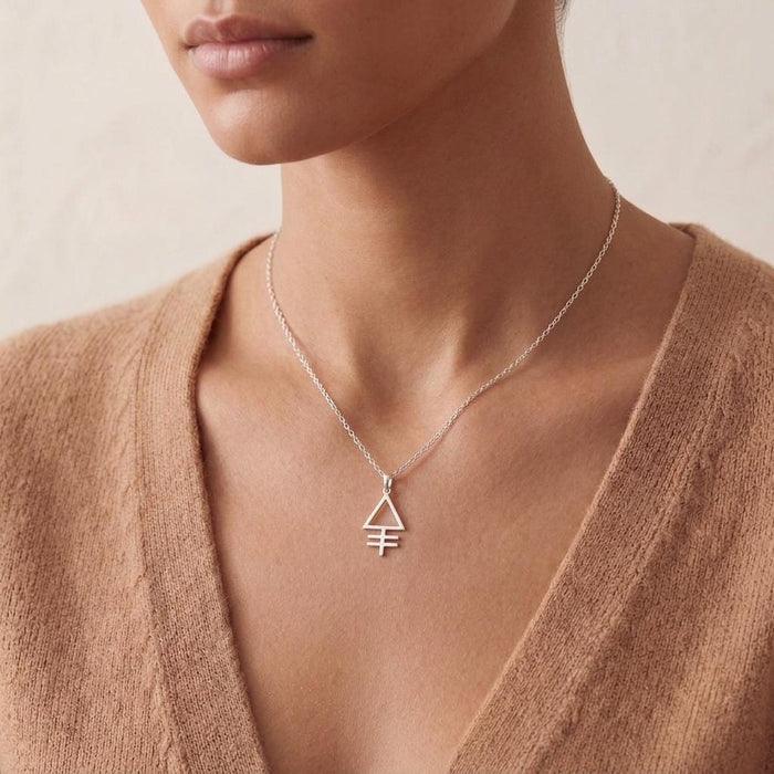 Phosphorus Symbol Necklace resting at the collarbone above a tan V-neck sweater