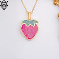 Front product view of a pink agate strawberry pendant with a green aventurine leaf