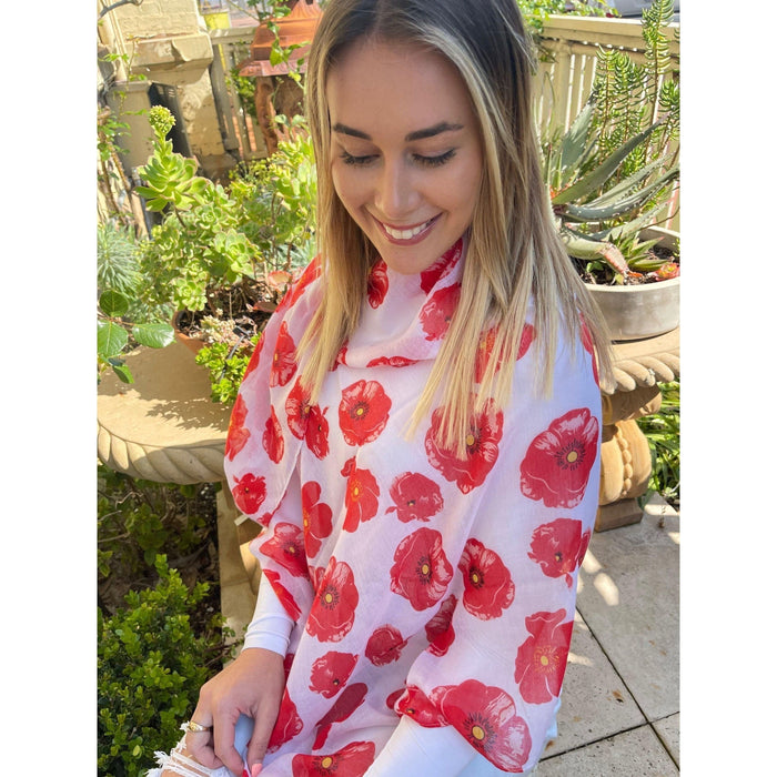 Scarves Australia Scarves & Shawls Floral Scarf - Red Poppy on White