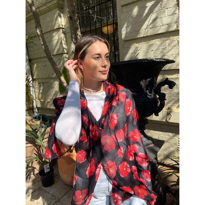Scarves Australia Floral Scarf - Red Poppy On Black