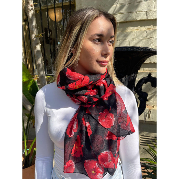 Scarves Australia Floral Scarf - Red Poppy On Black