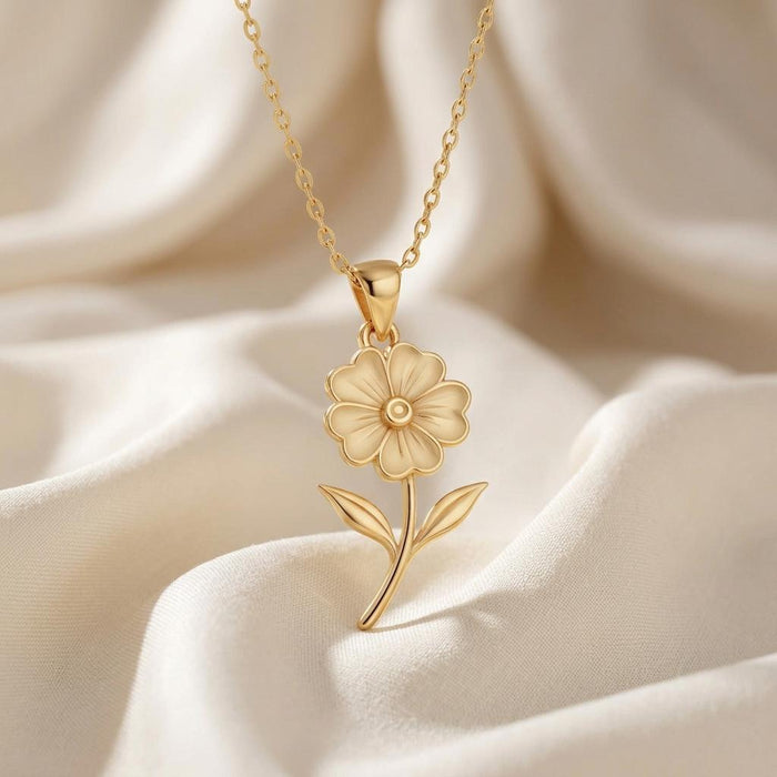 Close view of Gold Plated Silver Primrose Flower Pendant Necklace with raised center and two leaves