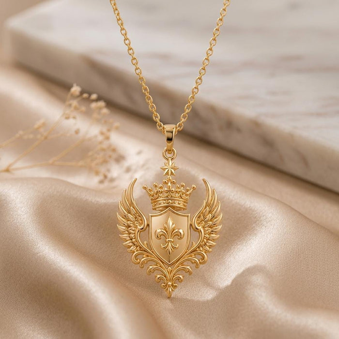 Gold Plated Silver Queen Seraph Crest Pendant with a fleur-de-lis shield on champagne satin beside stone