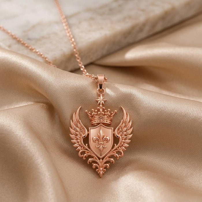 Rose Gold Plated Queen Seraph Crest Pendant with crowned shield and feathered wings on champagne satin