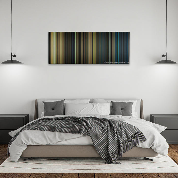 Real Steel color palette canvas above a bed, between two black pendant lamps
