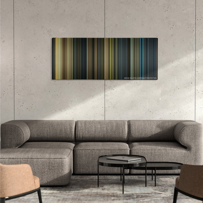 Real Steel color palette canvas on a concrete wall above a gray sectional sofa