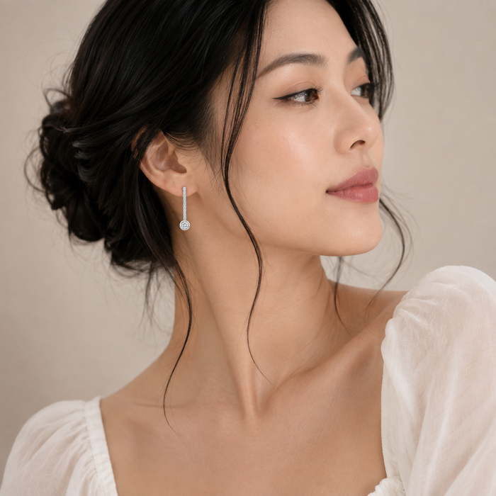 Rhodium Plated 925 Silver Channel Round CZ Stud Dangle Earrings - BGE00424