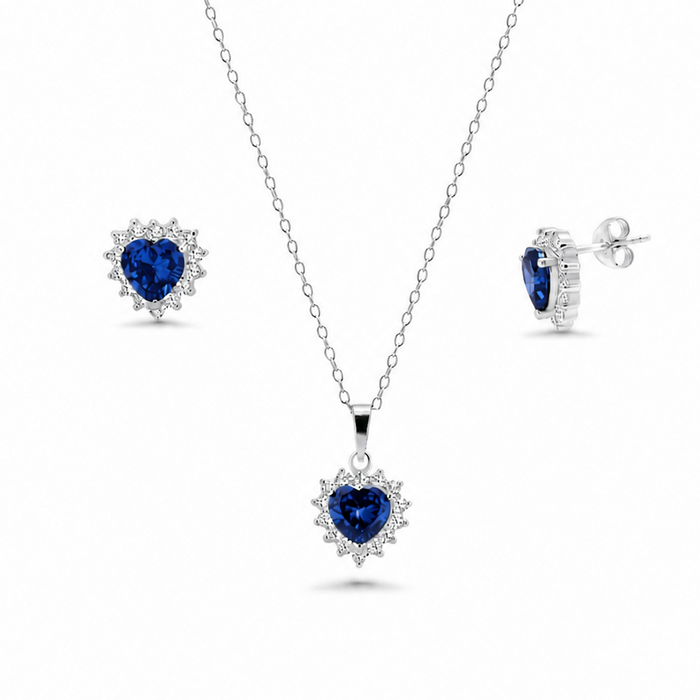 Rhodium Plated 925 Silver CZ Birthstone Heart & Cluster Earring and Necklace Set - BGS00323 | Silver Palace Inc. #color_blue