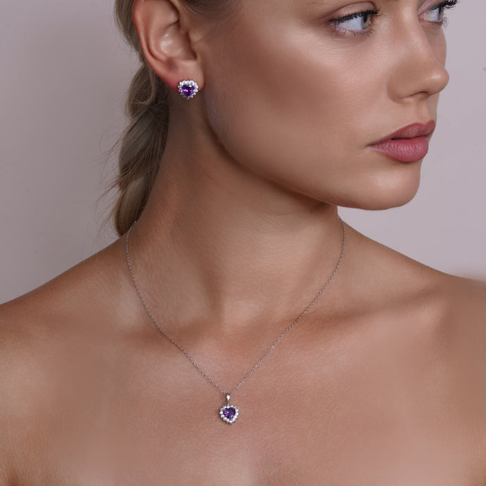 Rhodium Plated 925 Silver CZ Birthstone Heart & Cluster Earring and Necklace Set - BGS00323 | Silver Palace Inc. #color_purple