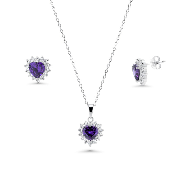 Rhodium Plated 925 Silver CZ Birthstone Heart & Cluster Earring and Necklace Set - BGS00323 | Silver Palace Inc. #color_purple
