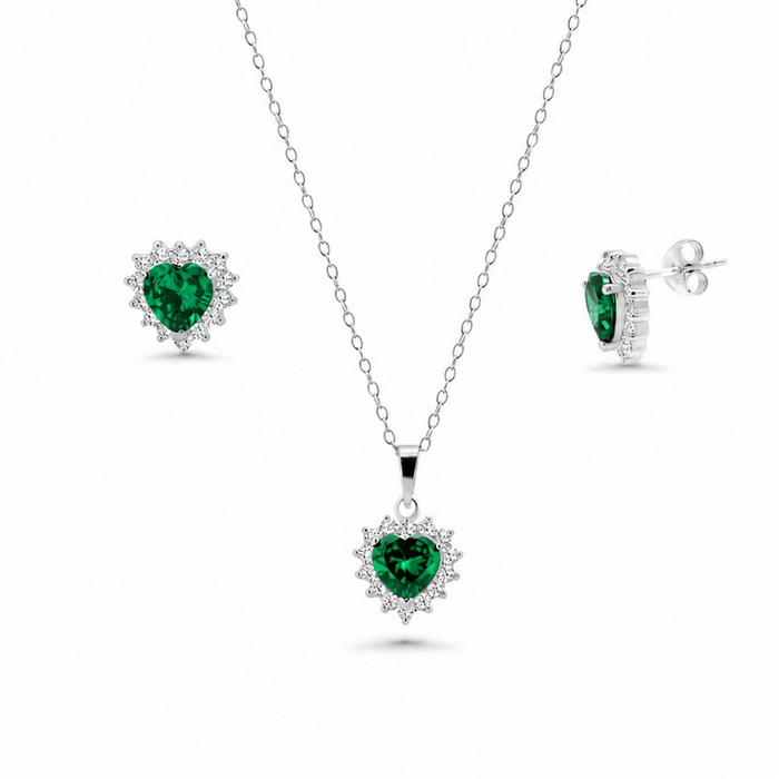 Rhodium Plated 925 Silver CZ Birthstone Heart & Cluster Earring and Necklace Set - BGS00323 | Silver Palace Inc. #color_green