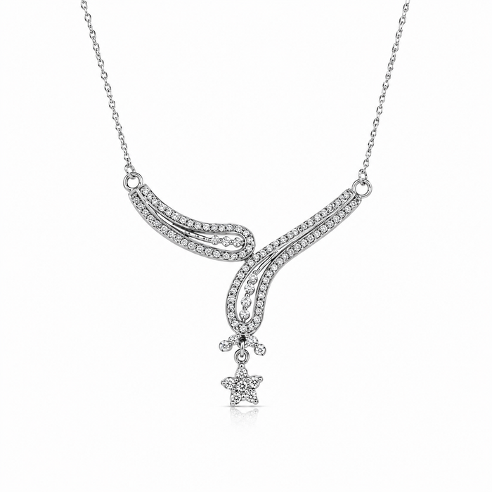 Rhodium Plated 925 Silver CZ Leaf and Flower Bridal Necklace - BGP00955