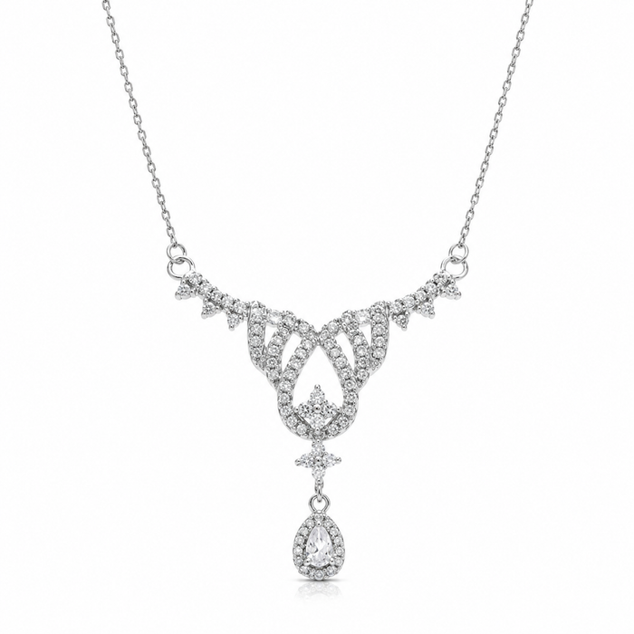 Rhodium Plated 925 Silver Dainty Chandelier Pear Dangle Bridal Neklace - BGP00954