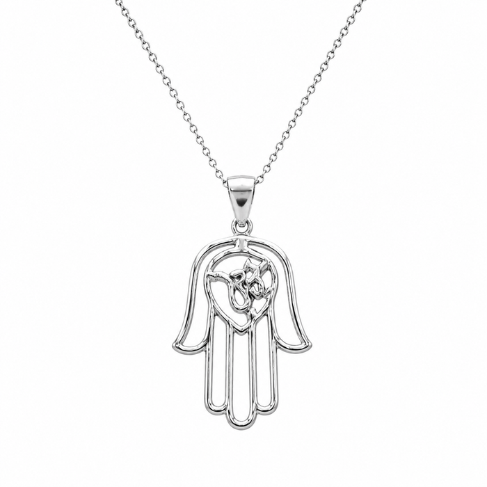Rhodium Plated 925 Silver Hamsa Pendant Necklace - STP00973