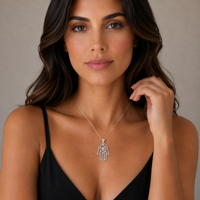 Rhodium Plated 925 Silver Hamsa Pendant Necklace - STP00973