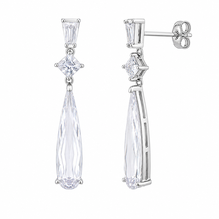 Silver 925 Rhodium Plated Multishape Marquis Clear CZ Dangling Earrings - BGE00066CLR | Silver Palace Inc.