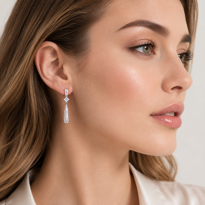 Silver 925 Rhodium Plated Multishape Marquis Clear CZ Dangling Earrings - BGE00066CLR | Silver Palace Inc.