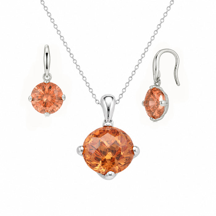 Silver 925 Rhodium Plated Round Orange Champagne CZ Earring and Necklace Set - BGS00285 | Silver Palace Inc.