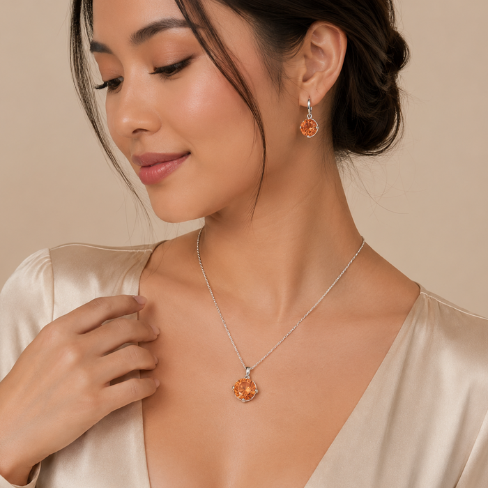Silver 925 Rhodium Plated Round Orange Champagne CZ Earring and Necklace Set - BGS00285 | Silver Palace Inc.