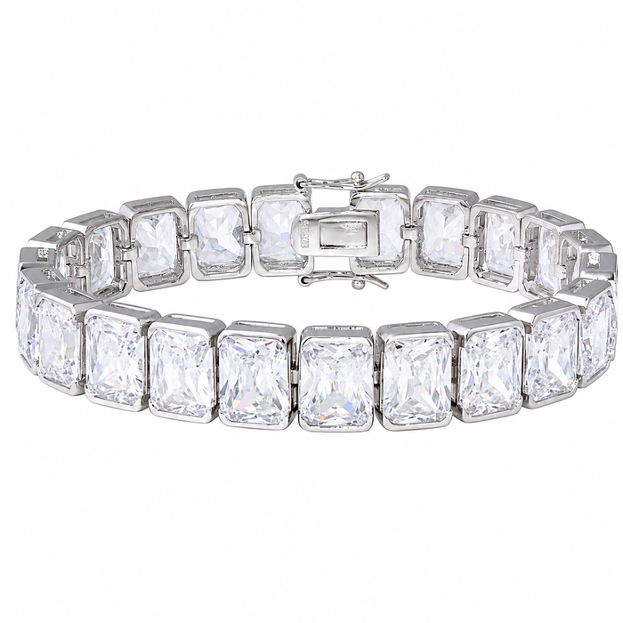 Rhodium Plated 925 Sterling Silver 12mm Rectangle Cushion CZ Tennis Bracelet - STB00545RH