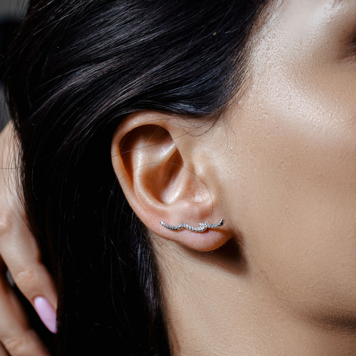 Silver 925 Rhodium Plated 3 CZ Waves Climbing Earrings - STE01075