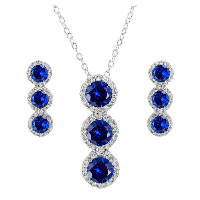 Silver 925 Rhodium Plated 3 Blue Stone CZ Stud Earring and Necklace Set - BGS00522BLU | Silver Palace Inc. #color_blue
