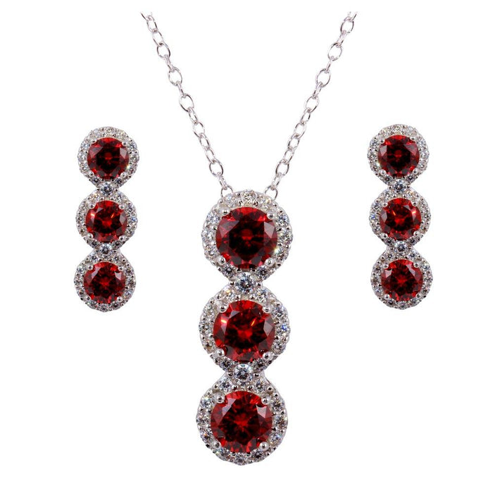 Silver 925 Rhodium Plated 3 Red Stone CZ Stud Earring and Necklace Set - BGS00522RED | Silver Palace Inc. #color_red