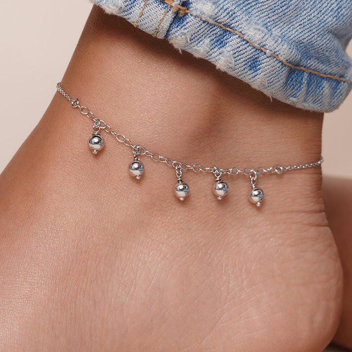 Silver 925 Rhodium Plated 5 Dangling Bead Anklet - SOA00010 | Silver Palace Inc.