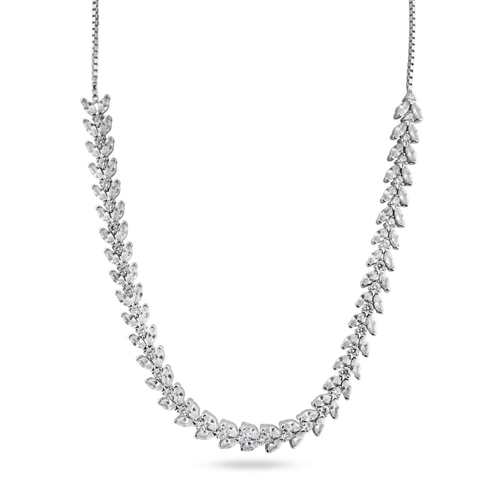 Rhodium Plated 925 Sterling Silver Adjustable Leaf Link CZ Bridal Necklace - BGP01254
