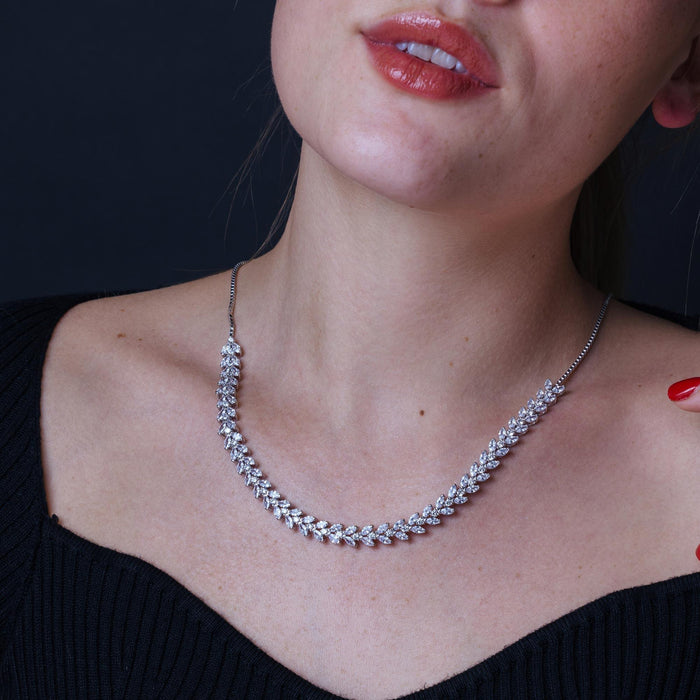 Rhodium Plated 925 Sterling Silver Adjustable Leaf Link CZ Bridal Necklace - BGP01254