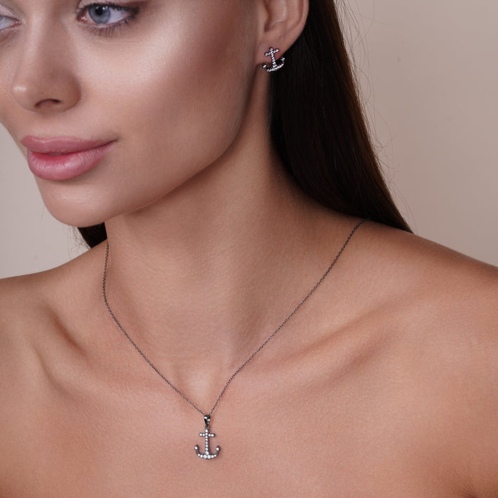 Silver 925 Rhodium Plated Anchor CZ Earring and Necklace Set - BGS00524 | Silver Palace Inc.