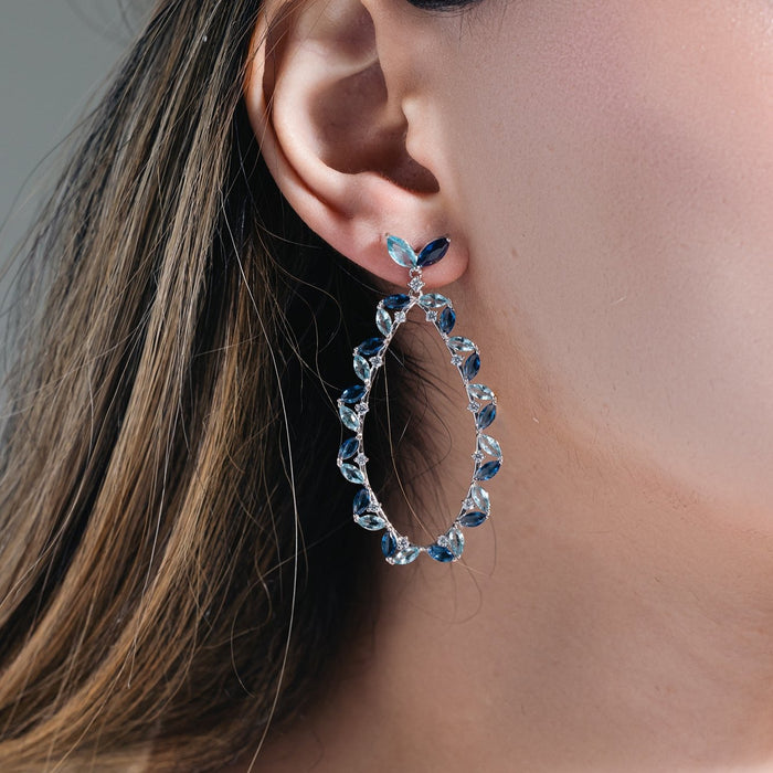 Rhodium Plated 925 Sterling Silver Blue CZ Hanging Oval Earrings - GME00103RH-BLU