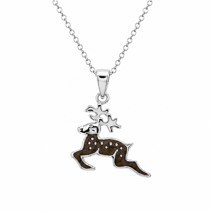 Rhodium Plated 925 Sterling Silver Brown Reindeer Pendant Necklace - STP01479