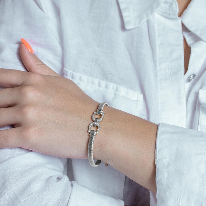 Rhodium Plated 925 Sterling Silver Buckle Bracelet with CZ - ARB00037RH