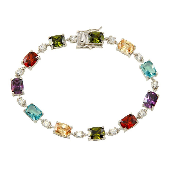Silver 925 Rhodium Plated Clear and Multi-Colored CZ Tennis Bracelet - BGB00312MUL | Silver Palace Inc. #color_multicolor