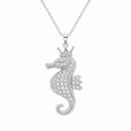 Rhodium Plated 925 Sterling Silver Clear CZ Seahorse Pendant Necklace - BGP01025