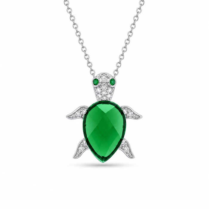 Rhodium Plated 925 Sterling Silver Clear and Green CZ Turtle Pendant Necklace - STP01389