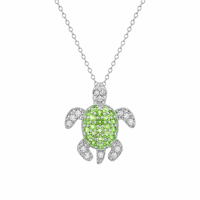 Rhodium Plated 925 Sterling Silver Clear and Green CZ Turtle Pendant Necklace - STP01461